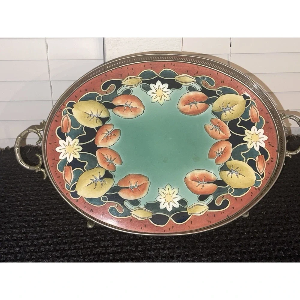Vintage Gesetzlich‎ geschutzt Tray With Floral Porcelain/Enamel & Metal Frame
